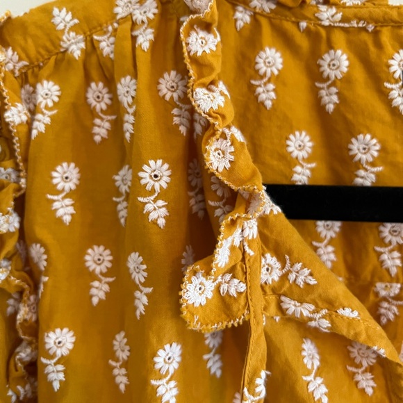 JCrew Mustard Peasant Blouse White Embroidered Flowers Keyhole Front - Picture 5 of 12